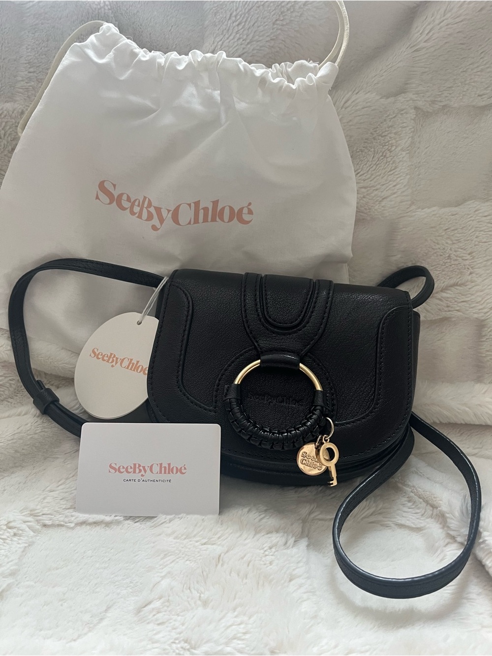 See By Chloe Black Leather Crossbody with Gold Ring Detail